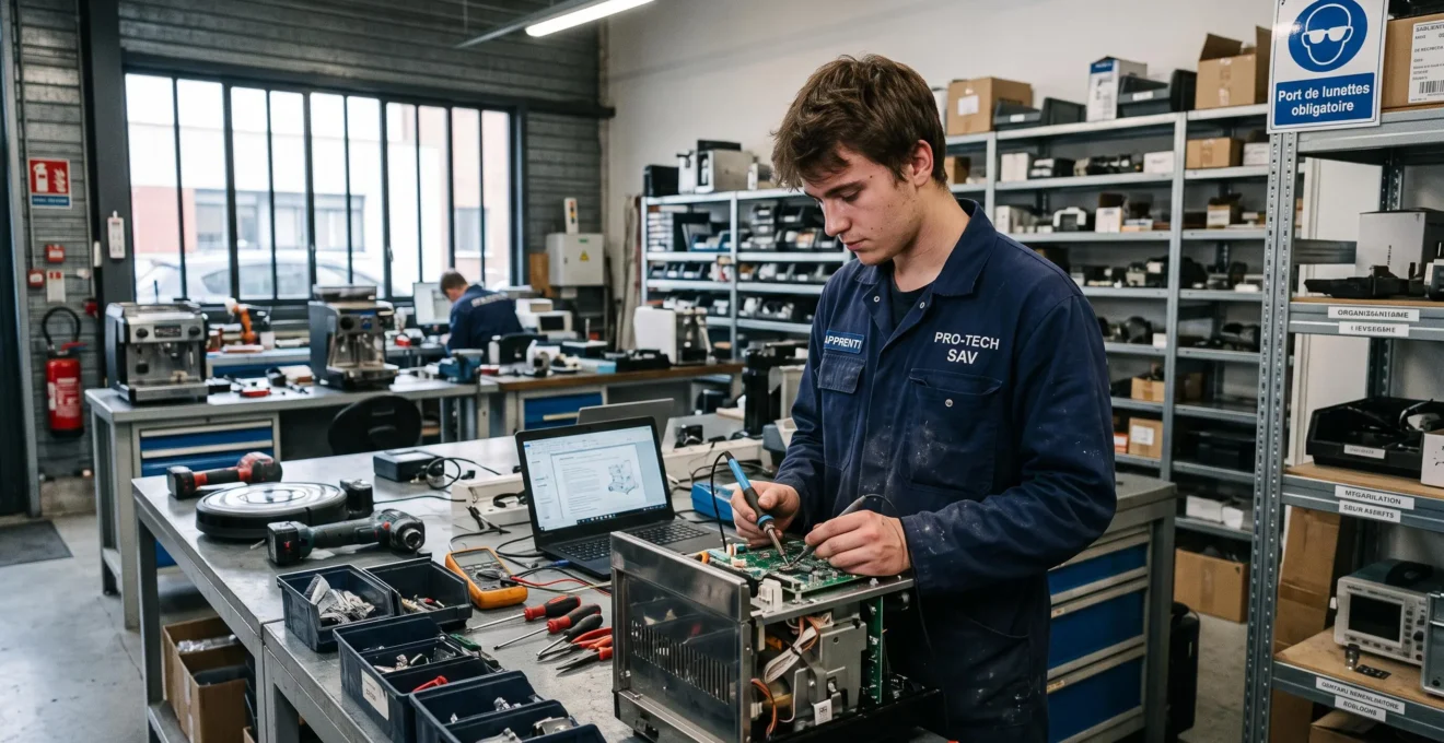 Jeune apprenti en alternance travaillant dans un atelier professionnel de service après-vente