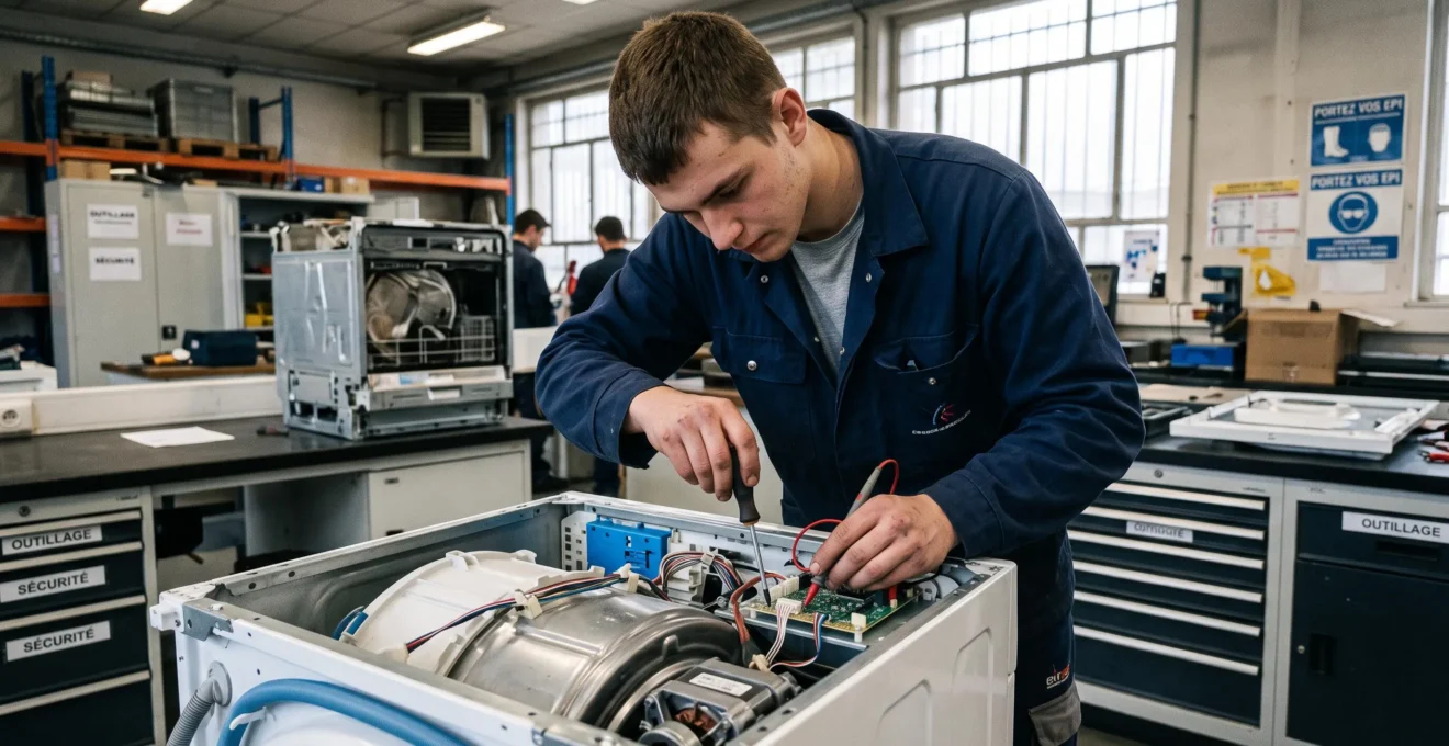 Jeune apprenti technicien réparant un appareil électroménager dans un atelier de formation technique