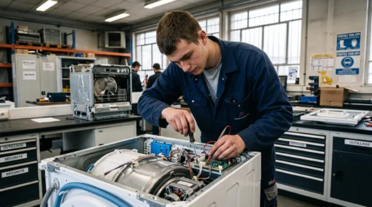Jeune apprenti technicien réparant un appareil électroménager dans un atelier de formation technique