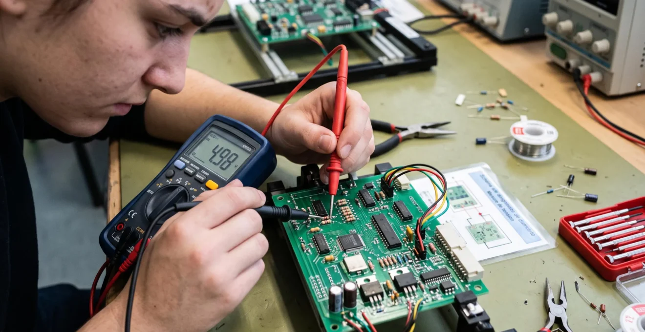 Gros plan sur les mains d'un apprenti utilisant un multimètre pour diagnostiquer des composants électroniques