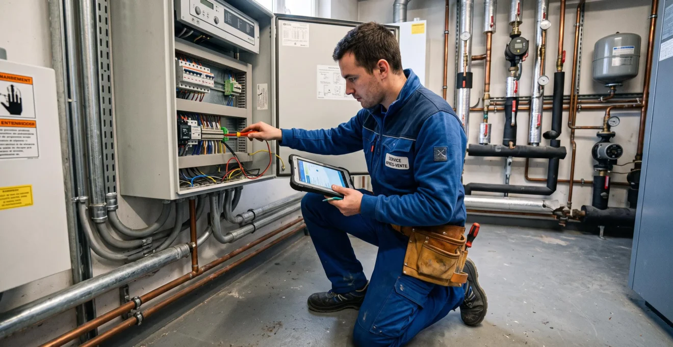 Technicien SAV qualifié effectuant une intervention de maintenance sur une installation technique professionnelle